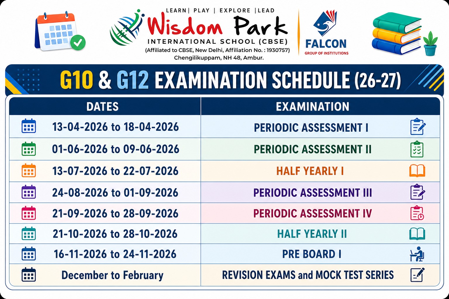 Grade 10 and Grade 12 examination schedule for academic year 2026–27
